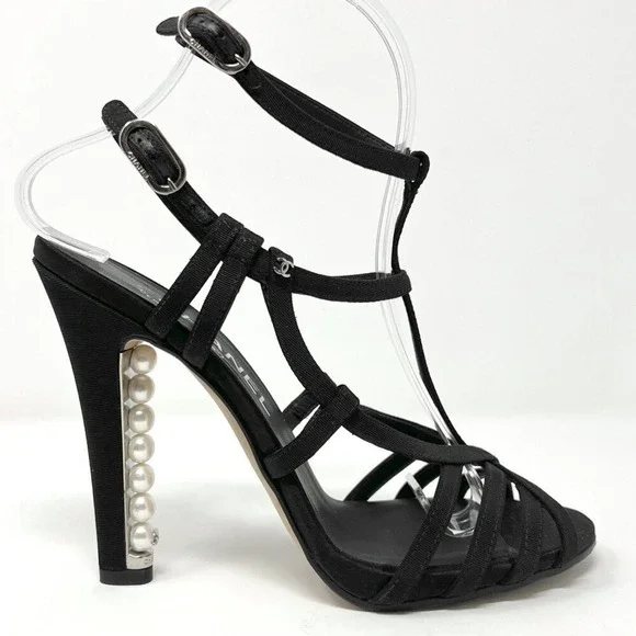 Chanel Pearl Heel Grosgrain Gladiator Sandals Black 37.5 - Picture 3 of 10